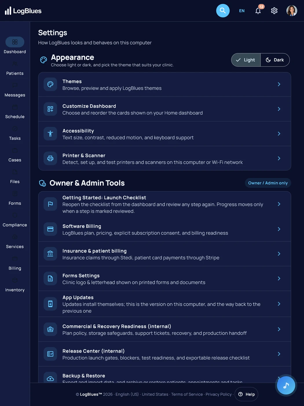 LogBlues in dark mode on a tablet, showing the settings that set the rules