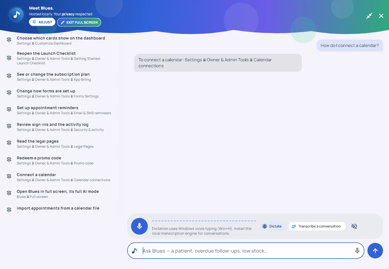 Blues en pantalla completa tras tocar una tarjeta de Muéstreme dónde: la ruta exacta del menú aparece en la conversación