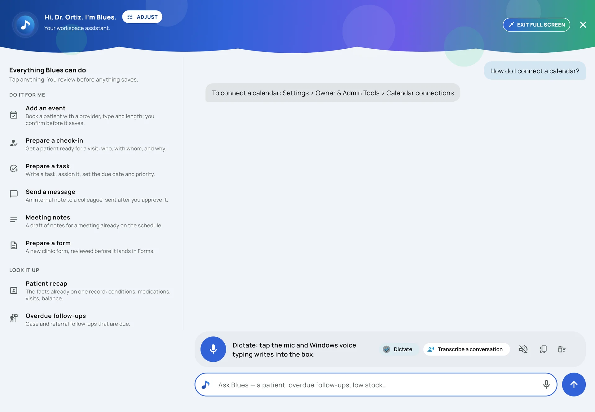 Blues in full screen: a menu path answered in the conversation from the app’s own map