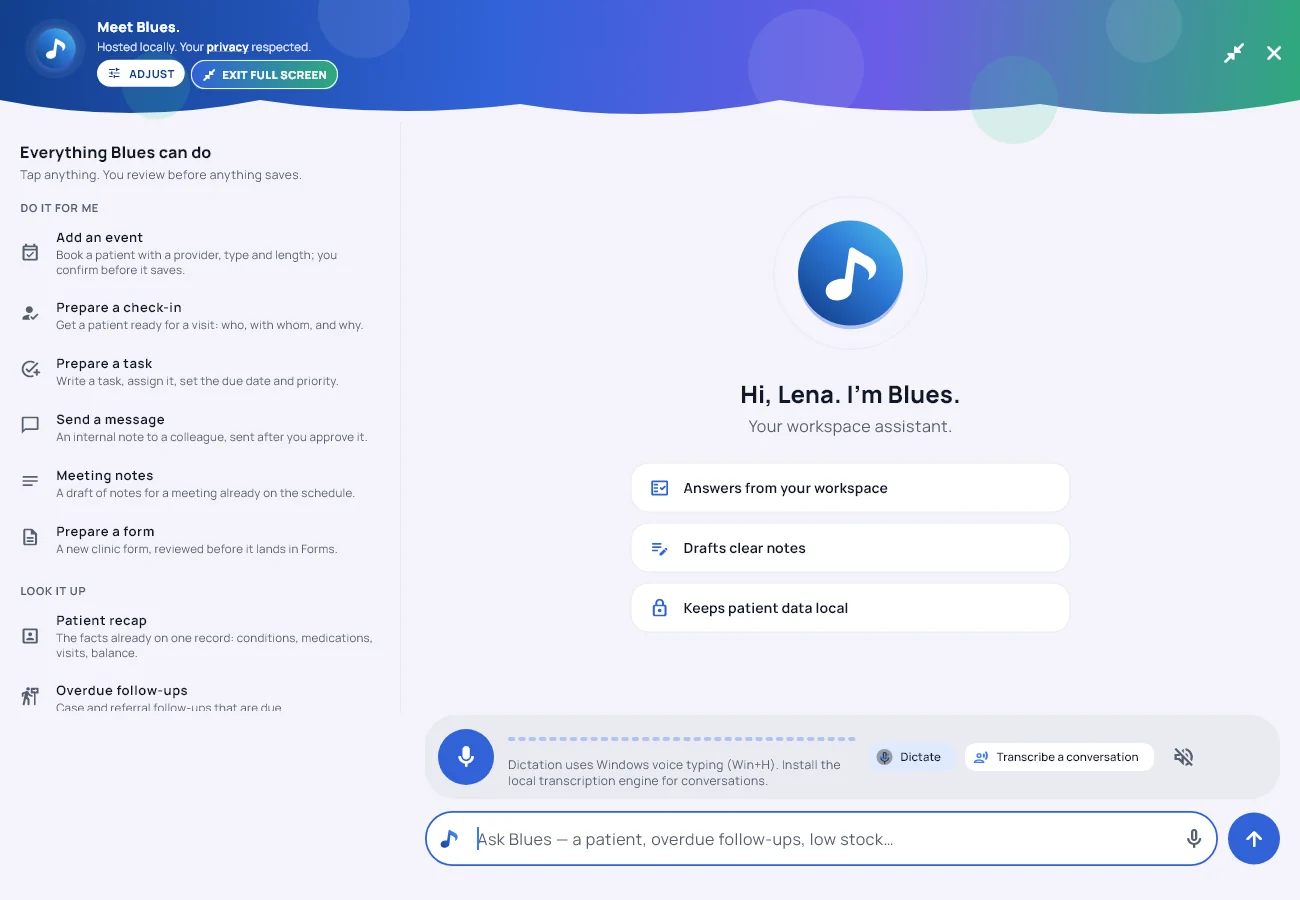 Blues en pantalla completa: el cat&aacute;logo de todo lo que puede hacer a la izquierda, el saludo y tres promesas a la derecha, y la barra del micr&oacute;fono debajo