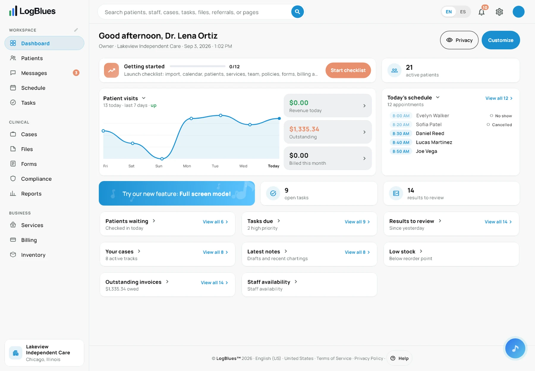 The LogBlues dashboard on a laptop, in one of the clinic themes