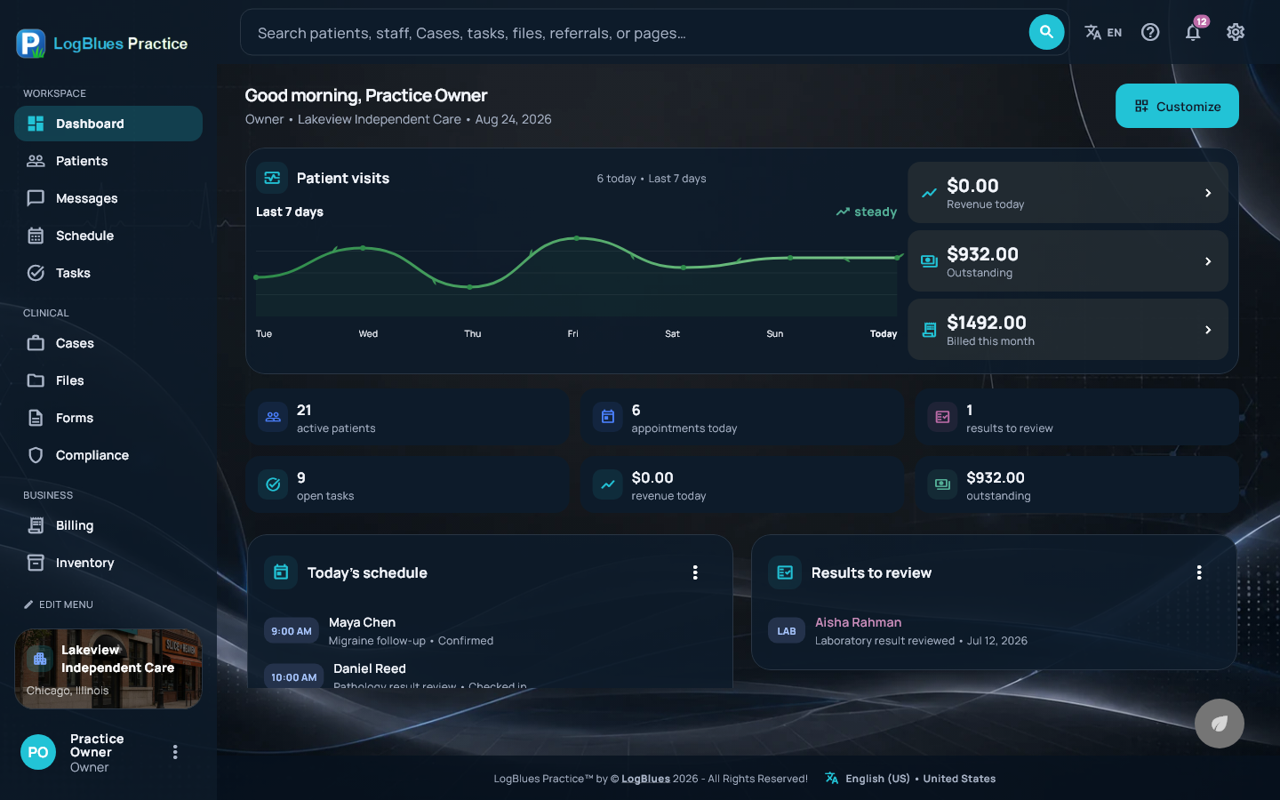 The dashboard on a desktop, in the Midnight Clinical theme