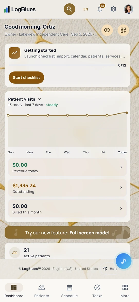 The LogBlues dashboard on a phone, in the Kintsugi theme