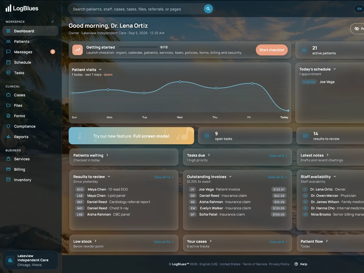 The LogBlues dashboard on a tablet, in the Beach Escape night theme
