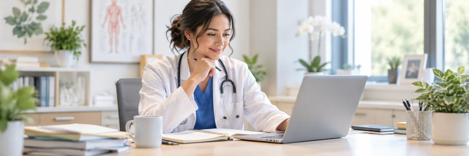 A provider at a laptop in her own office