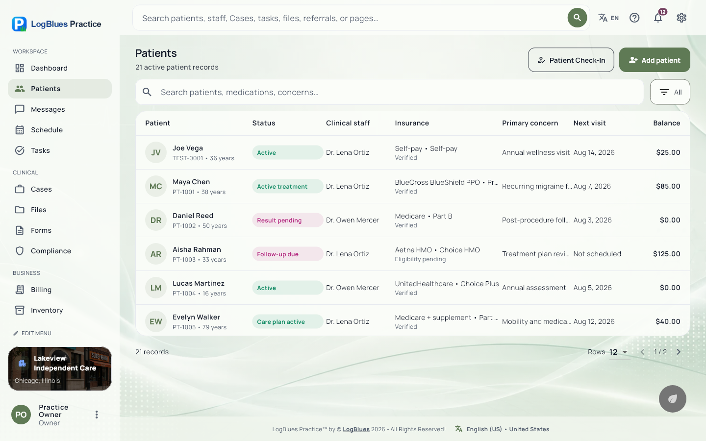 Patient records, in the Sage Luxe theme