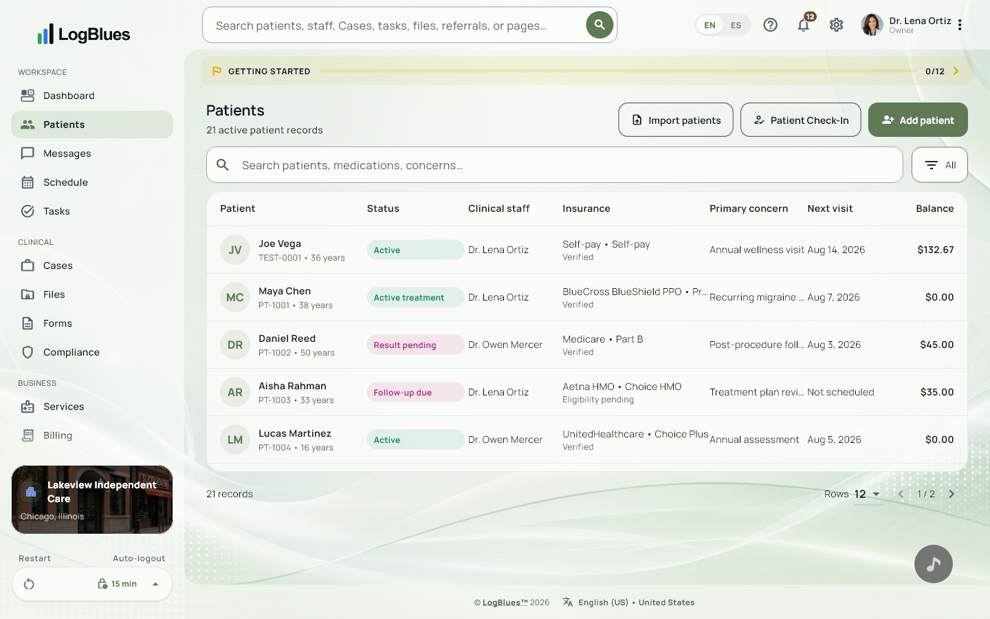 Patient records, in the Sage Luxe theme