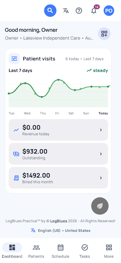 The dashboard on a phone, in the Practice Default theme