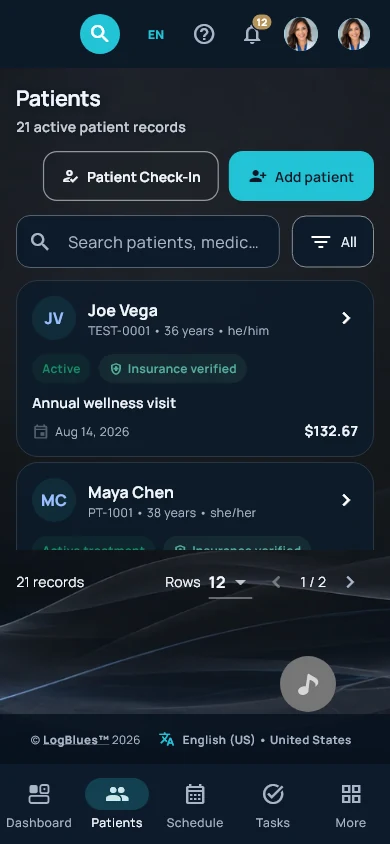 Patient records on a phone, in the Midnight Clinical theme