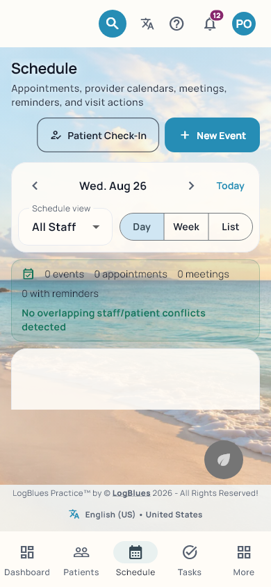 The schedule on a phone, in the Beach Escape theme