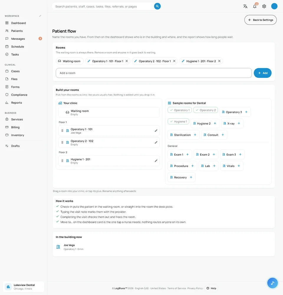 The Patient flow settings page: the room list, the room builder with the clinic on the left and sample rooms for a dental clinic on the right, and who is in the building now