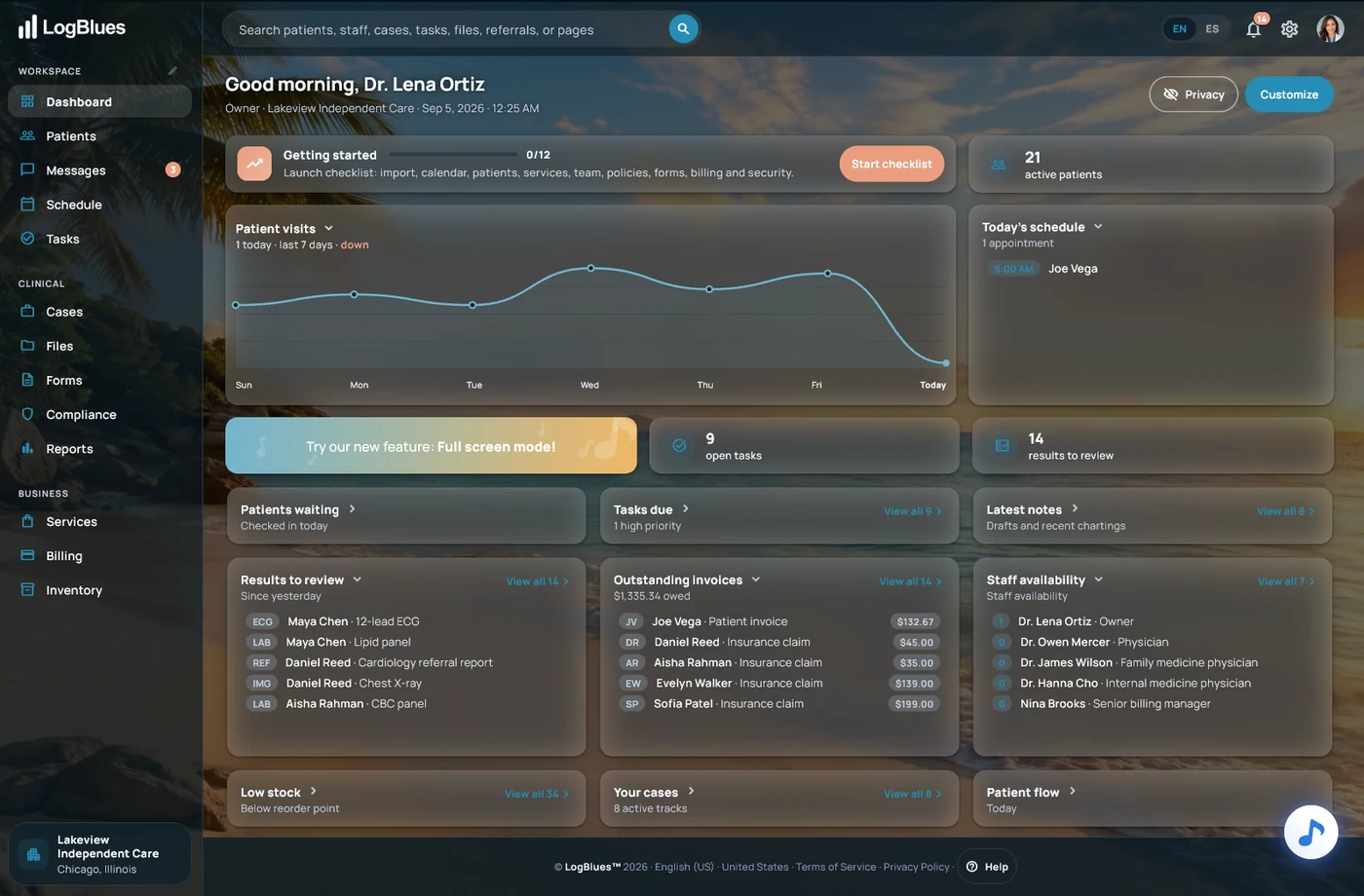 The dashboard in the Beach Escape theme, dark