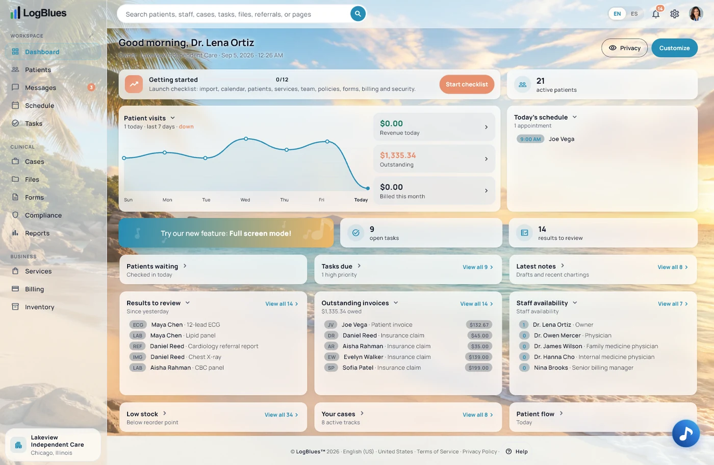 The LogBlues dashboard on a monitor, in the Beach Escape theme