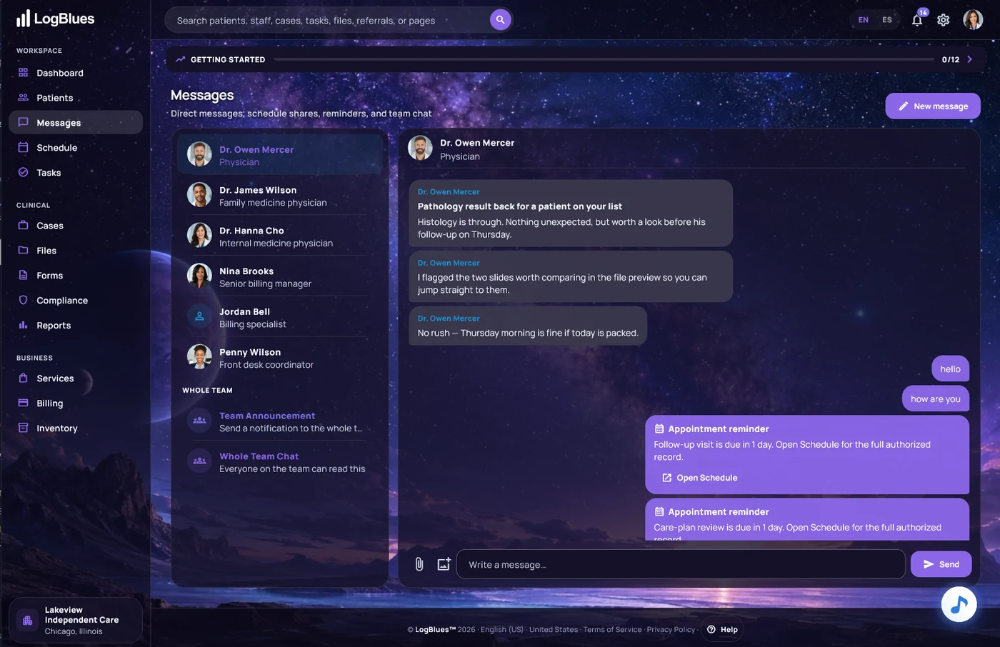 Messages in LogBlues: a conversation with a physician, the team list, and appointment reminders