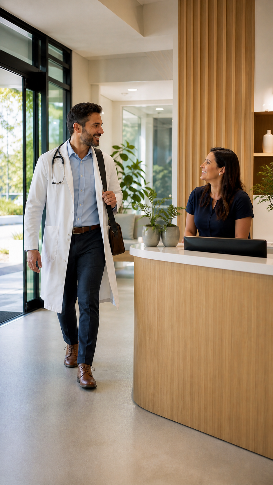 A doctor arriving at a modern clinic as the receptionist greets him