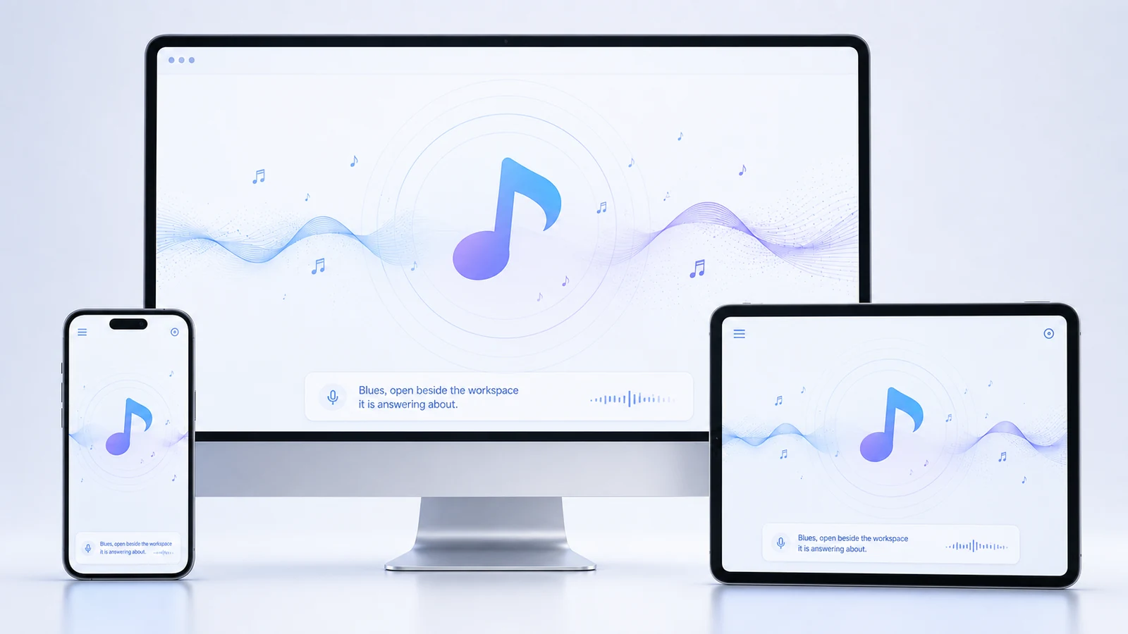 Blues open on a desktop, a tablet and a phone in light mode