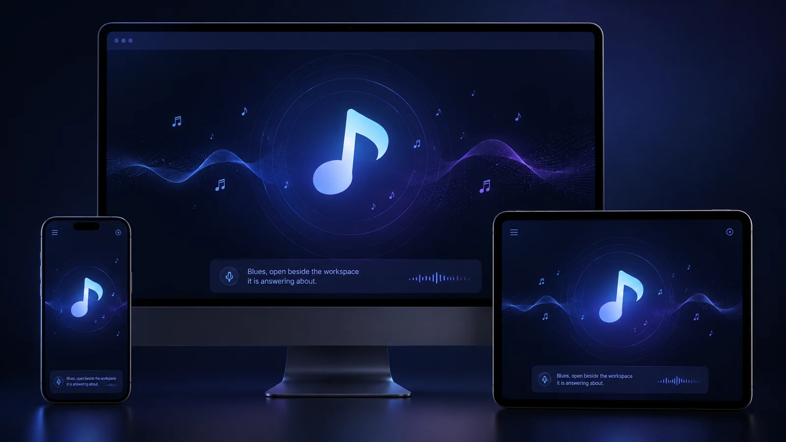 Blues abierto en una computadora de escritorio, una tableta y un celular, mostrando la misma conversaci&oacute;n