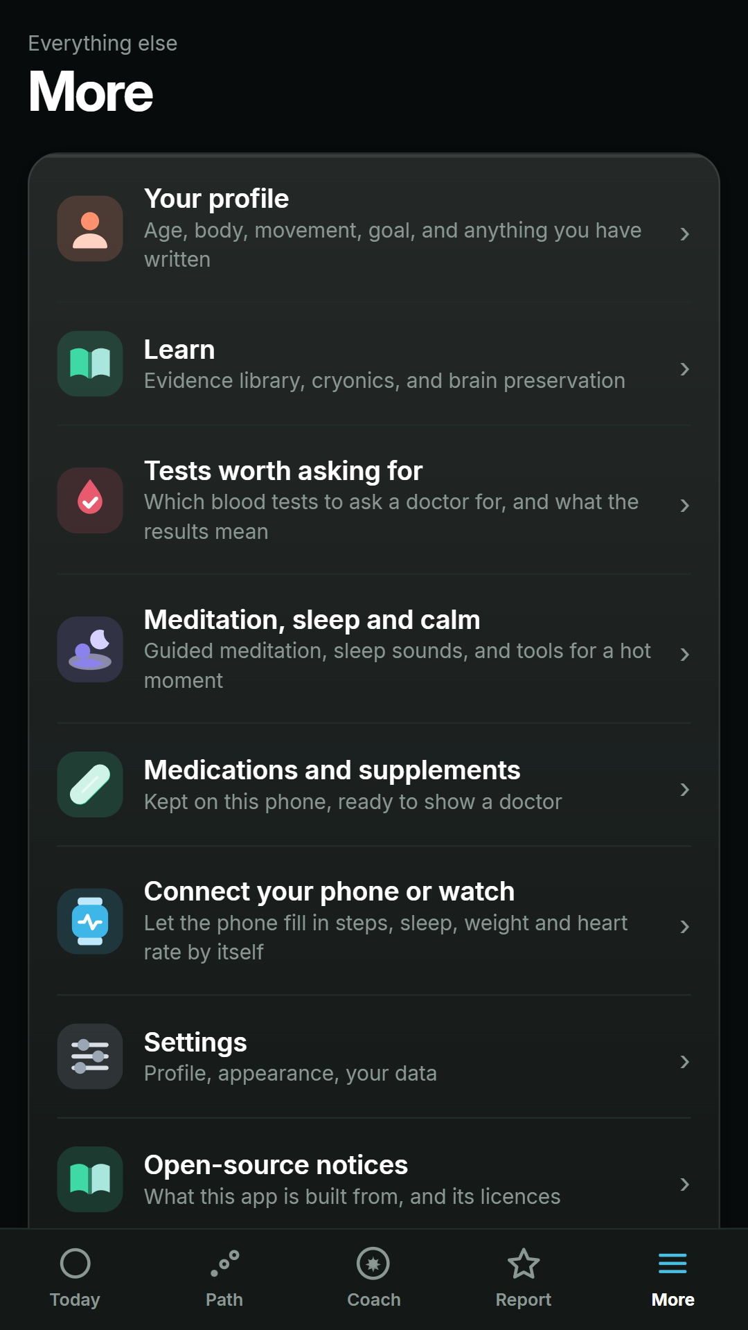 Pantalla Más con la biblioteca de evidencia, sueño y calma, medicamentos y Health Connect