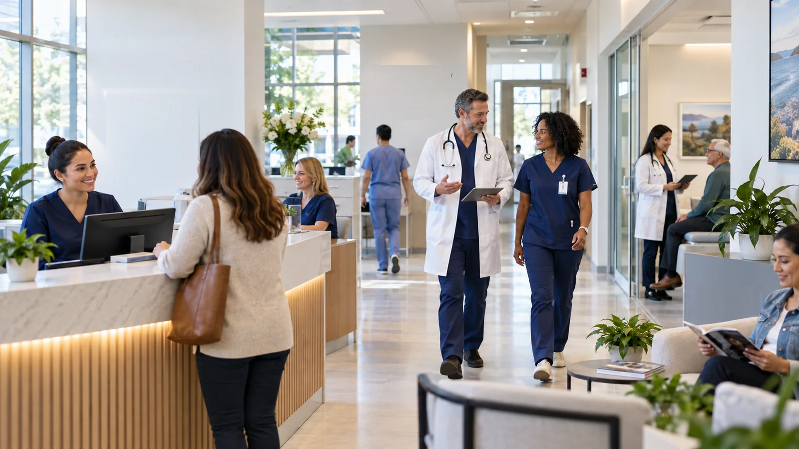 A busy clinic reception: a patient checking in, a doctor and a nurse walking the corridor