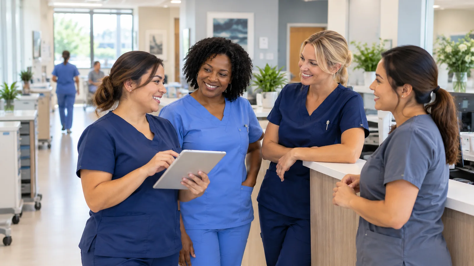 Nurses talking at a nurses&rsquo; station, one reading a tablet