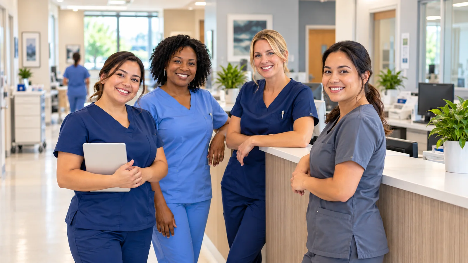 Four nurses in scrubs at a clinic front desk, one holding a tablet
