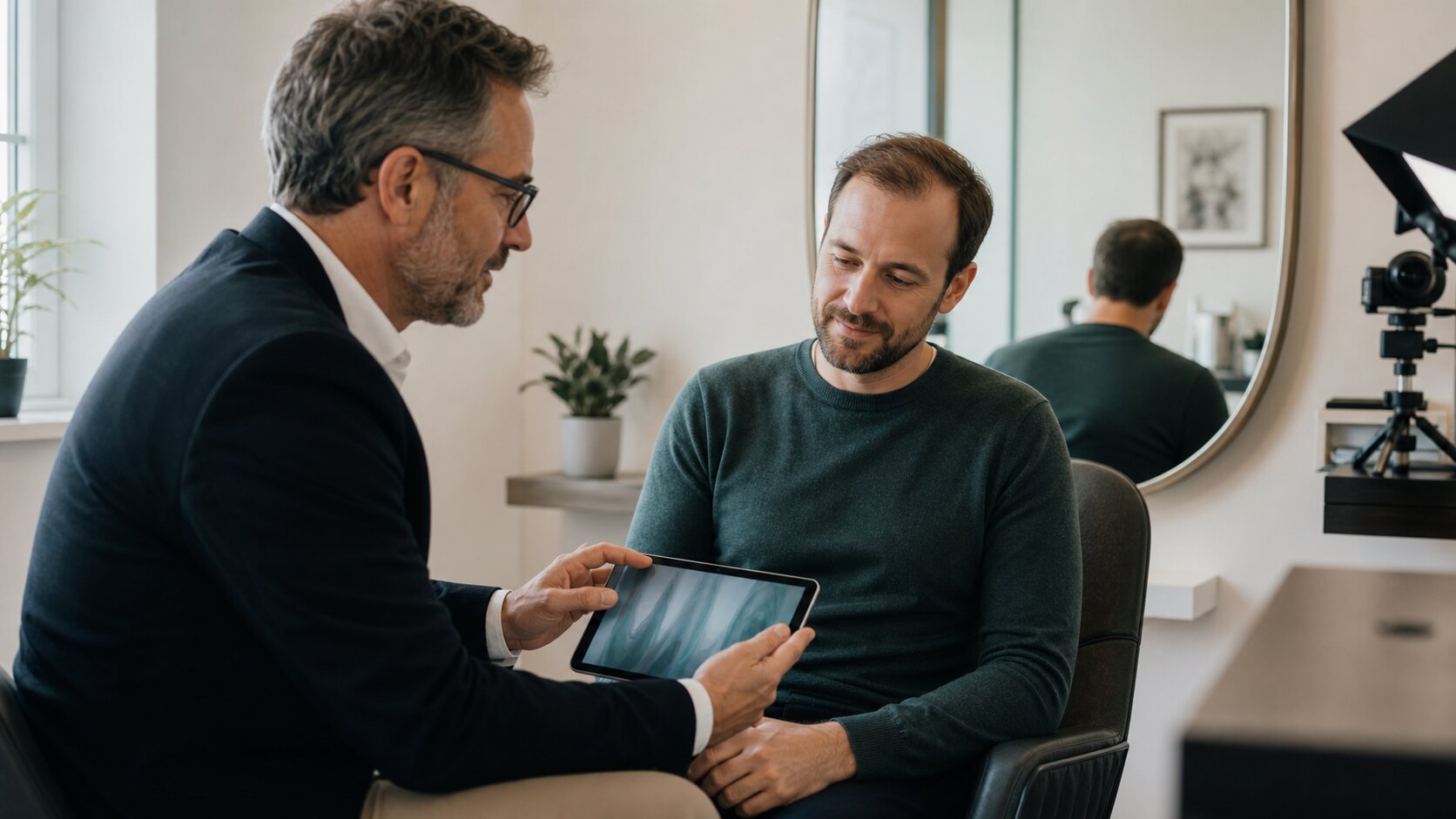 A hair restoration clinician reviews a care plan with a patient in a modern consultation room.