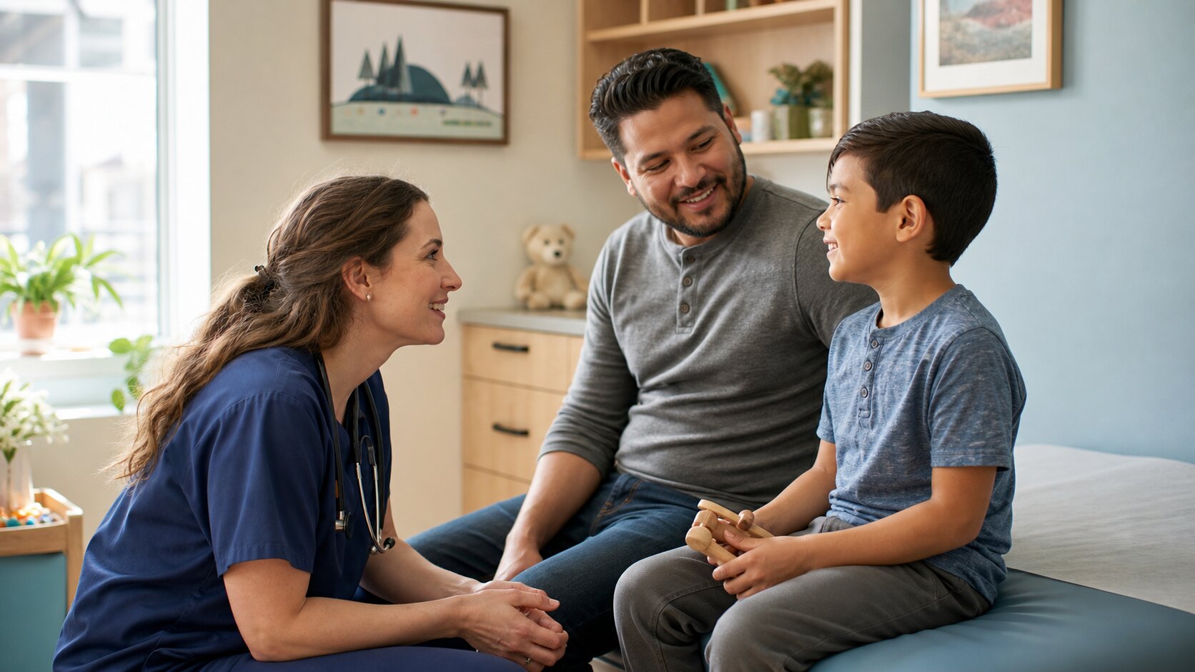 Una pediatra conversa con un ni&ntilde;o y su madre en un consultorio acogedor.
