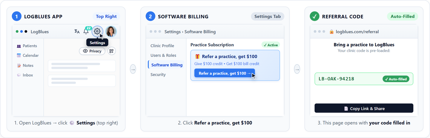 LogBlues Settings, showing the Refer a practice, get $100 row